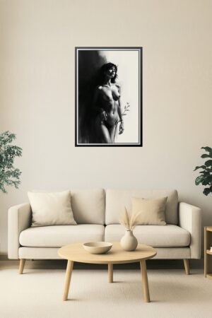 24x36in Poster Monochrome Nude Wall Art – Sensual Black and White Female Portrait Illustration