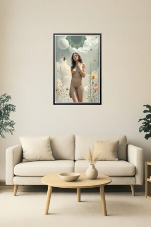 24x36in Poster Surreal Nude Wall Art – Ethereal Female Figure with Floral and Sky Elements