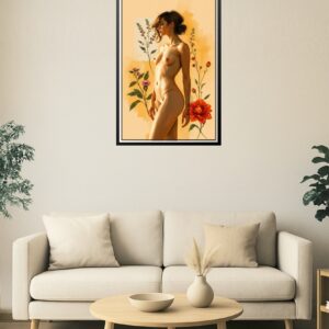 24x36in Poster Golden Nude Female Wall Art – Botanical Fine Art Print