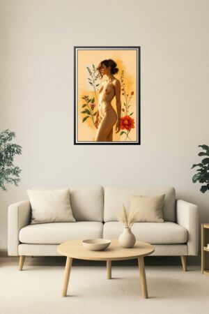 24x36in Poster Golden Nude Female Wall Art – Botanical Fine Art Print