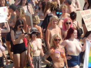 Women march for topless rights. Brighton 2018 My Body my choice, Stop Sexism